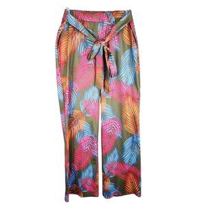 Womens Tropical Multicolor Leaf Print Wide-Leg Pants w/ Waist Tie Polyester L